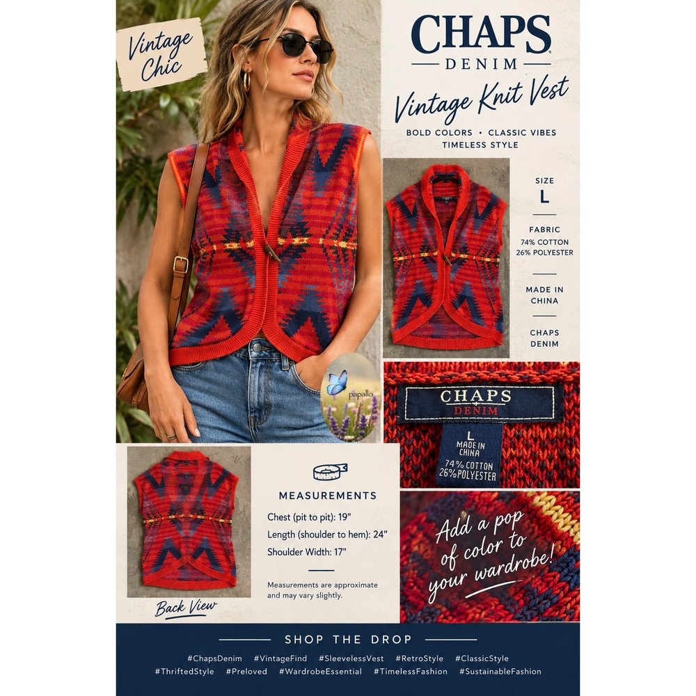 Chaps Southwestern Knit‎ Vest Red Blue Geometric Shawl Collar Toggle Large